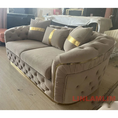 A Luxury Chesterfield Sectional Sofa Set With Cloth Buttons And Fabric Modular Couch With Gold Stainless Steel Base, 3-seater So