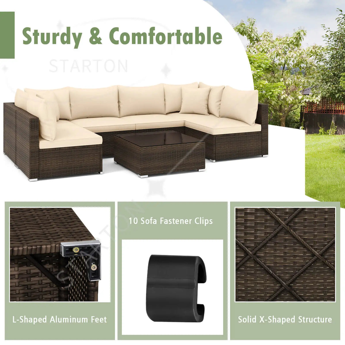 Hot Sale Item 7 PCS Patio Rattan Furniture Set Sectional Sofa Cushioned Garden Brown