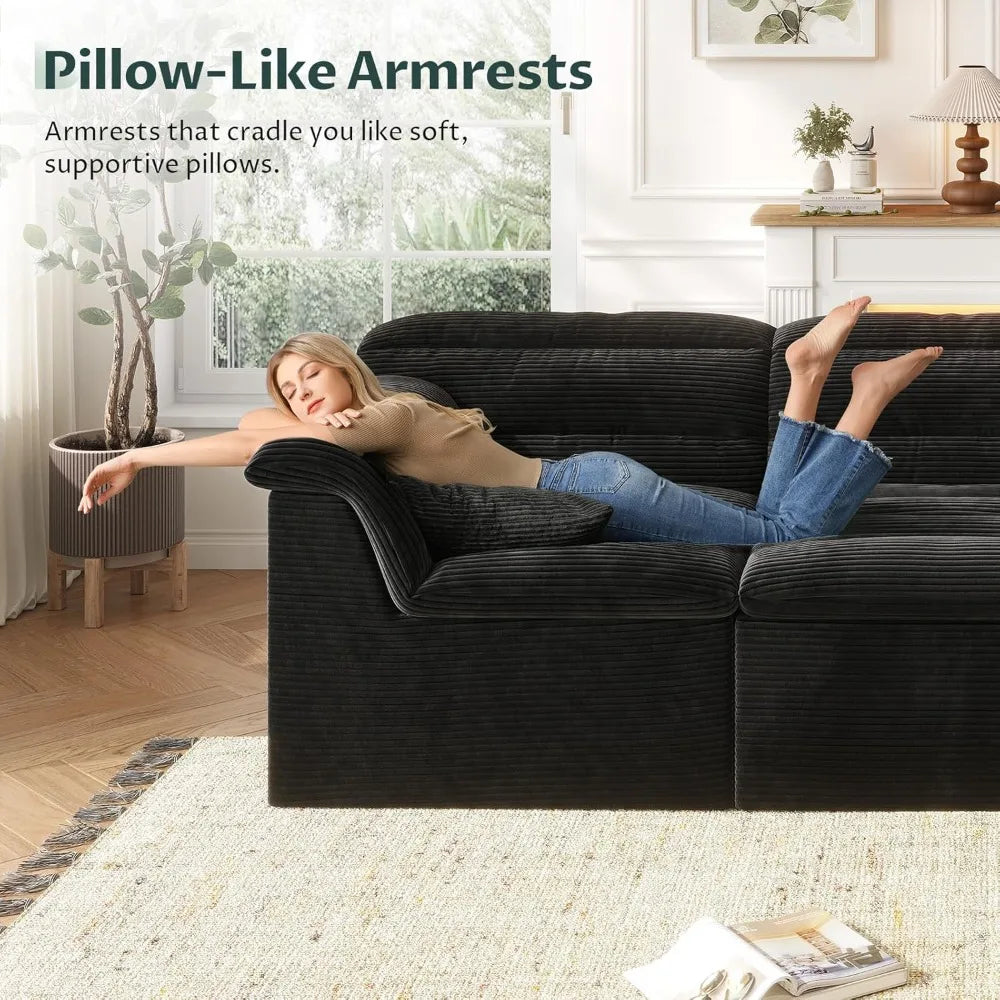 112 Modular Cloud Sectional Couch with Ottoman, Modern Upholstered Compressed Sofa with Deep Seat, Comfy L-Shape Corduroy Couche