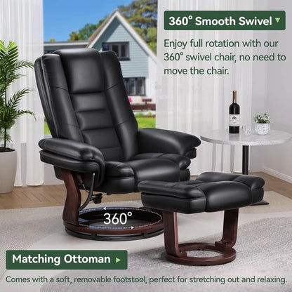 Modern Swivel Recliner Chair with Ottoman, Adjustable PU Leather, Thick Padded Cushion for Living Room, Bedroom