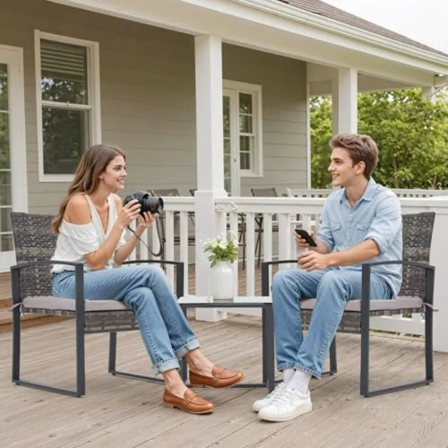 3Piece Outdoor Rattan Bistro Set with Coffee Table for Garden Balcony Poolside and Backyard Featuring Durable Steel Frame and C