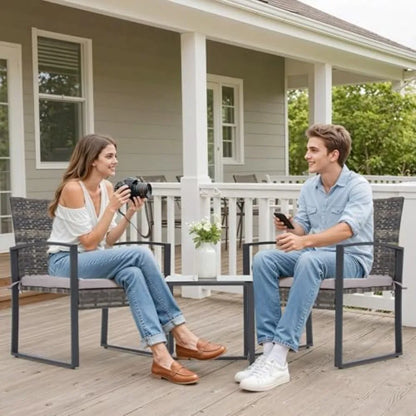 3Piece Outdoor Rattan Bistro Set with Coffee Table for Garden Balcony Poolside and Backyard Featuring Durable Steel Frame and C