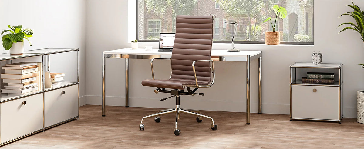 High Mid Back Ribbed Office Chair Genuine Leather Swivel Chair Adjustable Ergonomic Computer Chair with Aluminium Alloy Frame