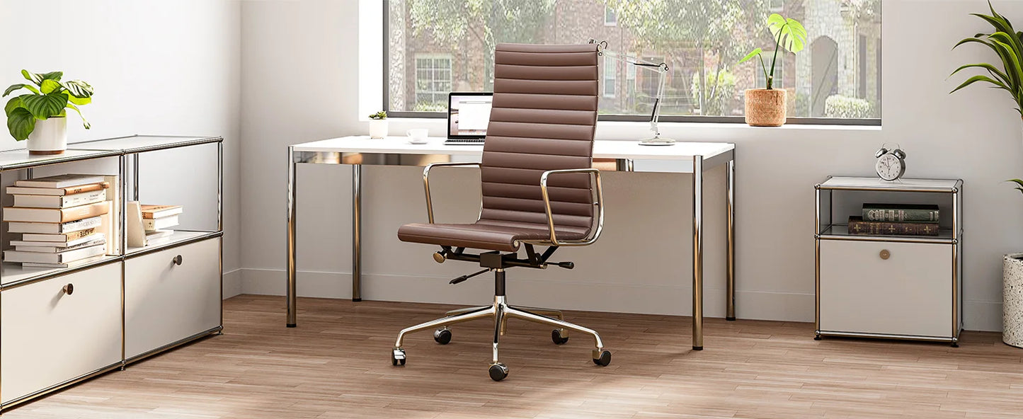 High Mid Back Ribbed Office Chair Genuine Leather Swivel Chair Adjustable Ergonomic Computer Chair with Aluminium Alloy Frame