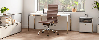High Mid Back Ribbed Office Chair Genuine Leather Swivel Chair Adjustable Ergonomic Computer Chair with Aluminium Alloy Frame