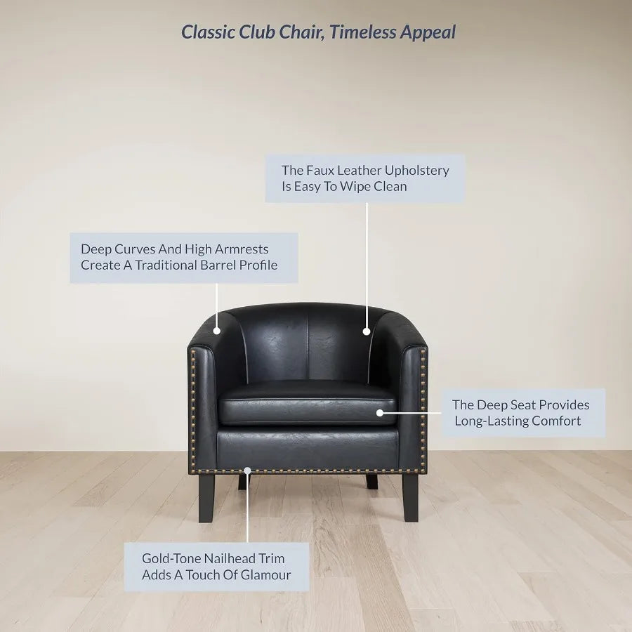 Modern Accent Barrel Chair with Faux Leather Upholstery and Gold Nail Head Trim Black Legs Design for Living Room Bedroom Apart