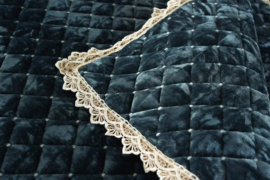 Embroidery Lace Sofa Cushion Gold Velvet Hemline Sofa Cover Autumn Winter European Couch Cover Solid Color Checkered Sofa Mat