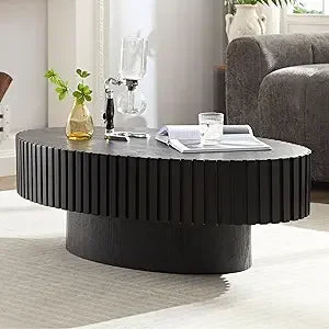 Oval Coffee Table, Brown Drum Fluted, Mid Century Modern, Irregular Pedestal Center, For Living Room Farmhouse