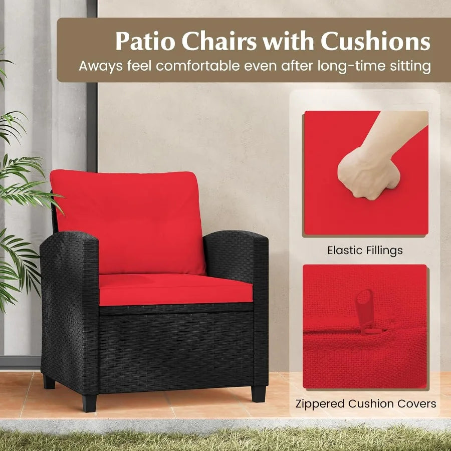 3Piece Rattan Conversation Set with Soft Seat and Back Cushions Tempered Glass Top Coffee Table Cushioned Wicker Seating for Ou