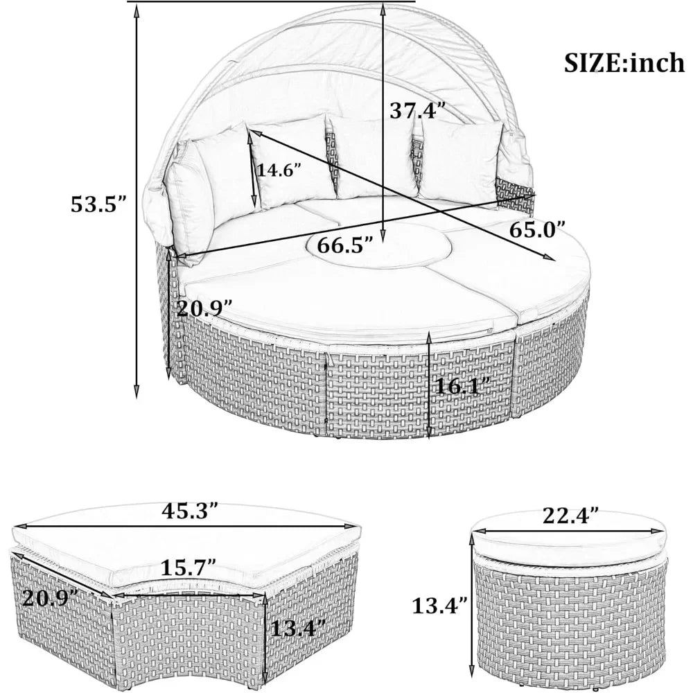 %a Patio Rattan Sunbed with Retractable Canopy, Round Outdoor Sectional Sofa Set with Separate Seating,liftable Table and Remov