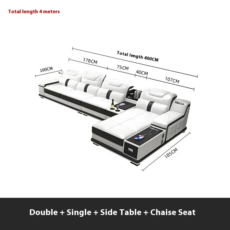 With Bluetooth Speaker And USB Ports Cow Leather Divano Living Room Furniture Luxury Italian Genuine Leather Sectional Sofa Set