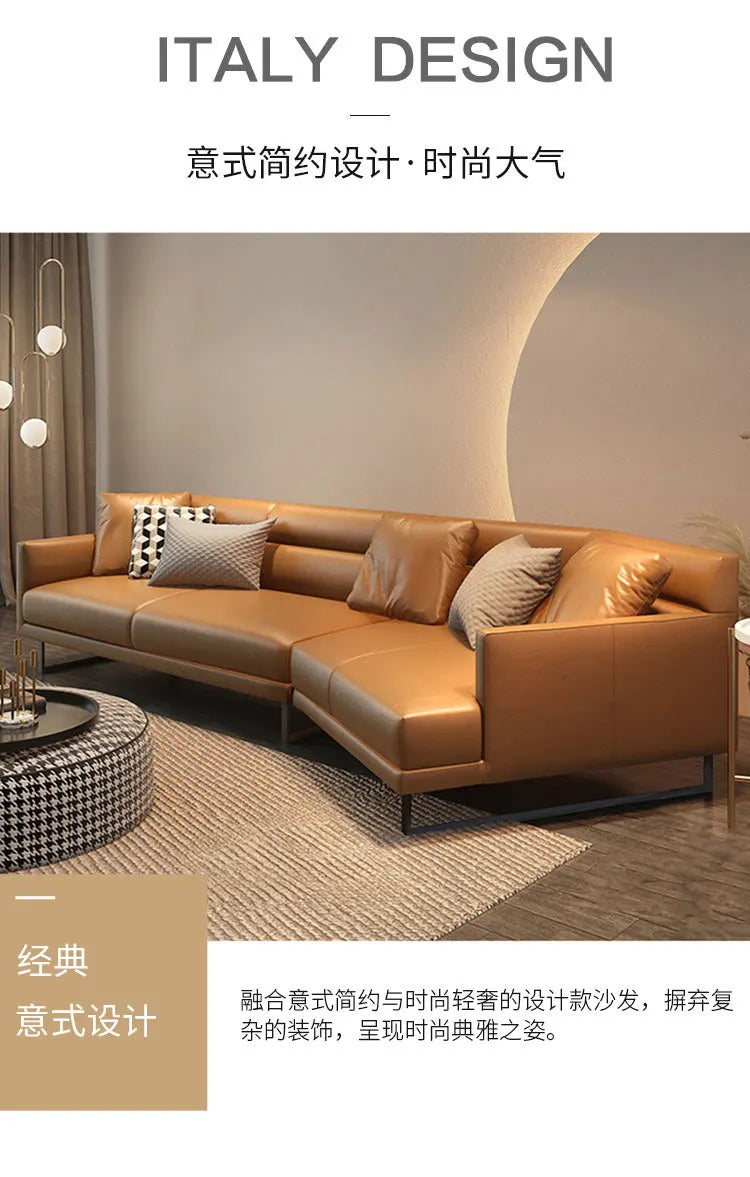 Italian minimalist leather sofa living room size apartment princess corner first layer cowhide down combination light luxury sty