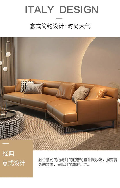 Italian minimalist leather sofa living room size apartment princess corner first layer cowhide down combination light luxury sty