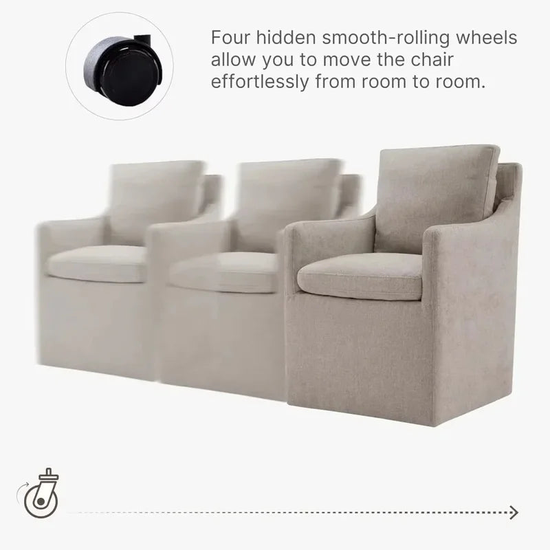 Khaki Upholstered Dining Chair with Casters, Modern Accent Armchair for Dining Room, Bedroom, Living Room, and Reading Room