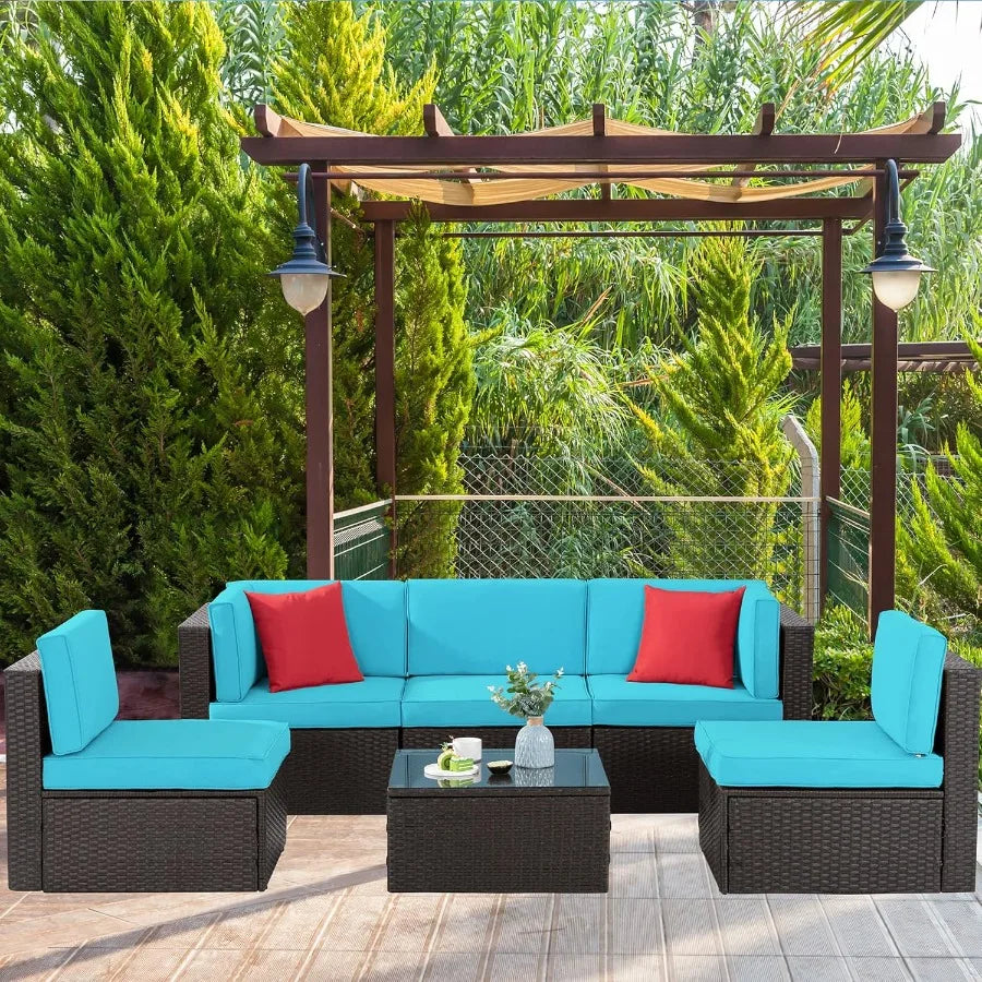 6 Pieces Outdoor AllWeather Sectional Patio Sofa Set with PE Rattan Manual Weaving Wicker Design Includes Glass Top Table and O