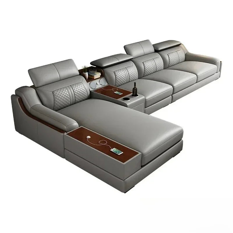 Modern Italian Genuine Leather Sofa for Living Room with Cup Holder, USB, Adjustable Headrests & Bluetooth Speaker - Linlamlim