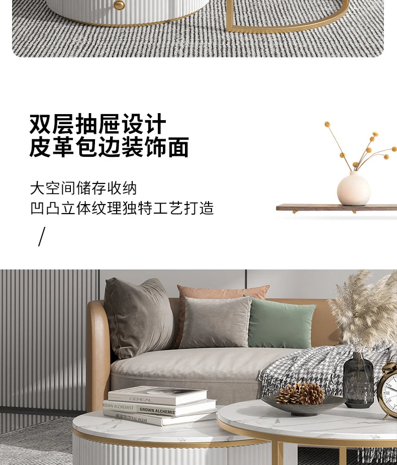 Rock slab coffee table round light luxury TV cabinet combination living room household marble size round