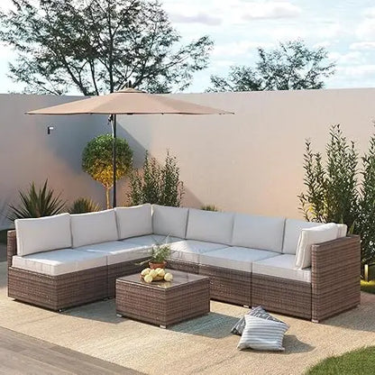 7 Piece Patio Furniture Set, Outdoor Patio Conversation Set, All-Weather Rattan Wicker Sectional Sofa Couch w Water Resistant Th