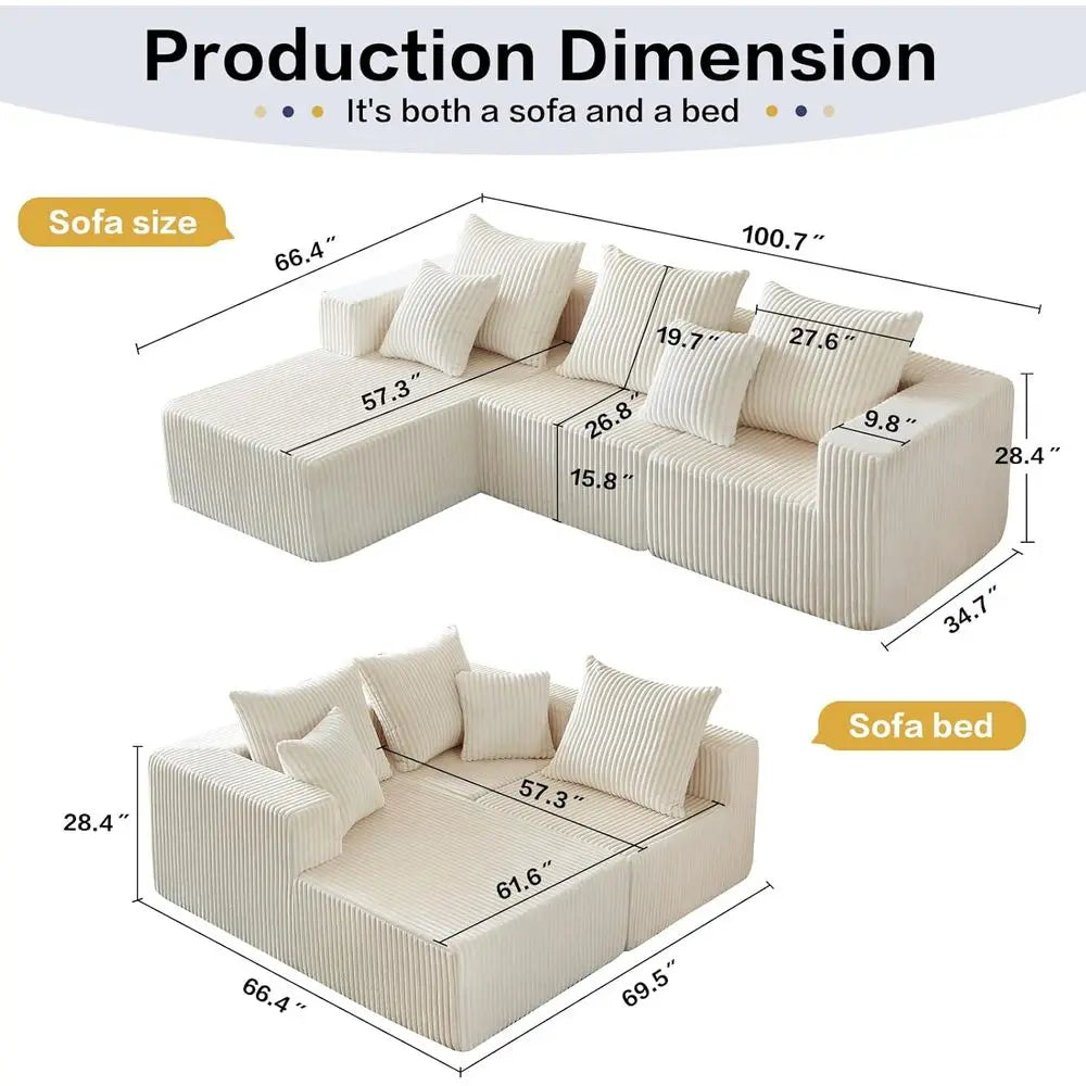 Cloud Sectional Couch, Boneless Sofa for Living Room, Corduroy Modular Couch with L Shape Chaise, Modern Compressed Sofa in a Bo