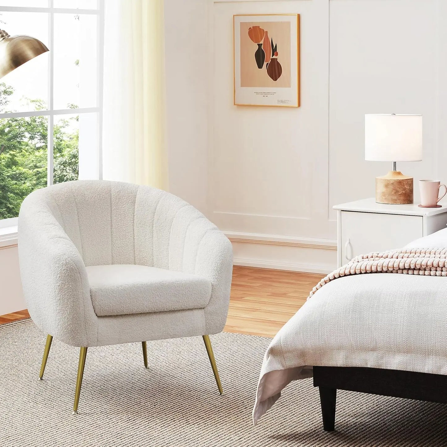 Sherpa Fabric Accent Chair, Modern Cozy Vanity Chair with Gold Metal Legs, Boucle Fabric Armchair with Removable, Customized