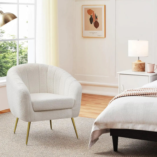 Sherpa Fabric Accent Chair, Modern Cozy Vanity Chair with Gold Metal Legs, Boucle Fabric Armchair with Removable, Customized