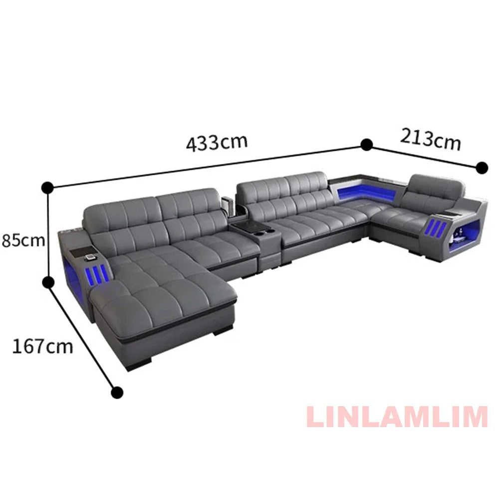 Modern Sectional Sofa Bed with LED Light, Electric Recliner and Massage | Living Room Genuine Leather Couch with Cup Holder, USB