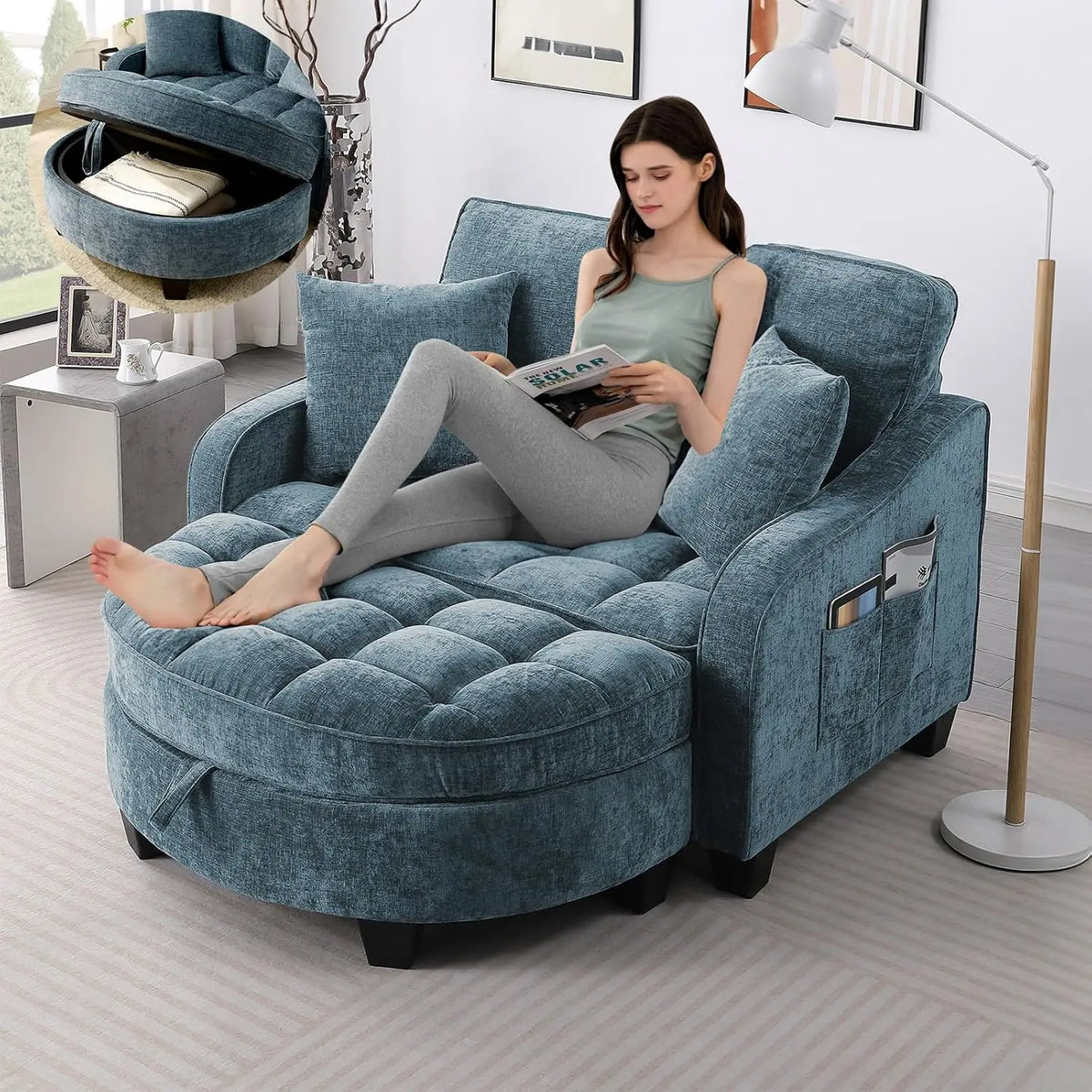 Oversized Curved Chaise Lounge Chair Indoor with Ottoman, 54.8