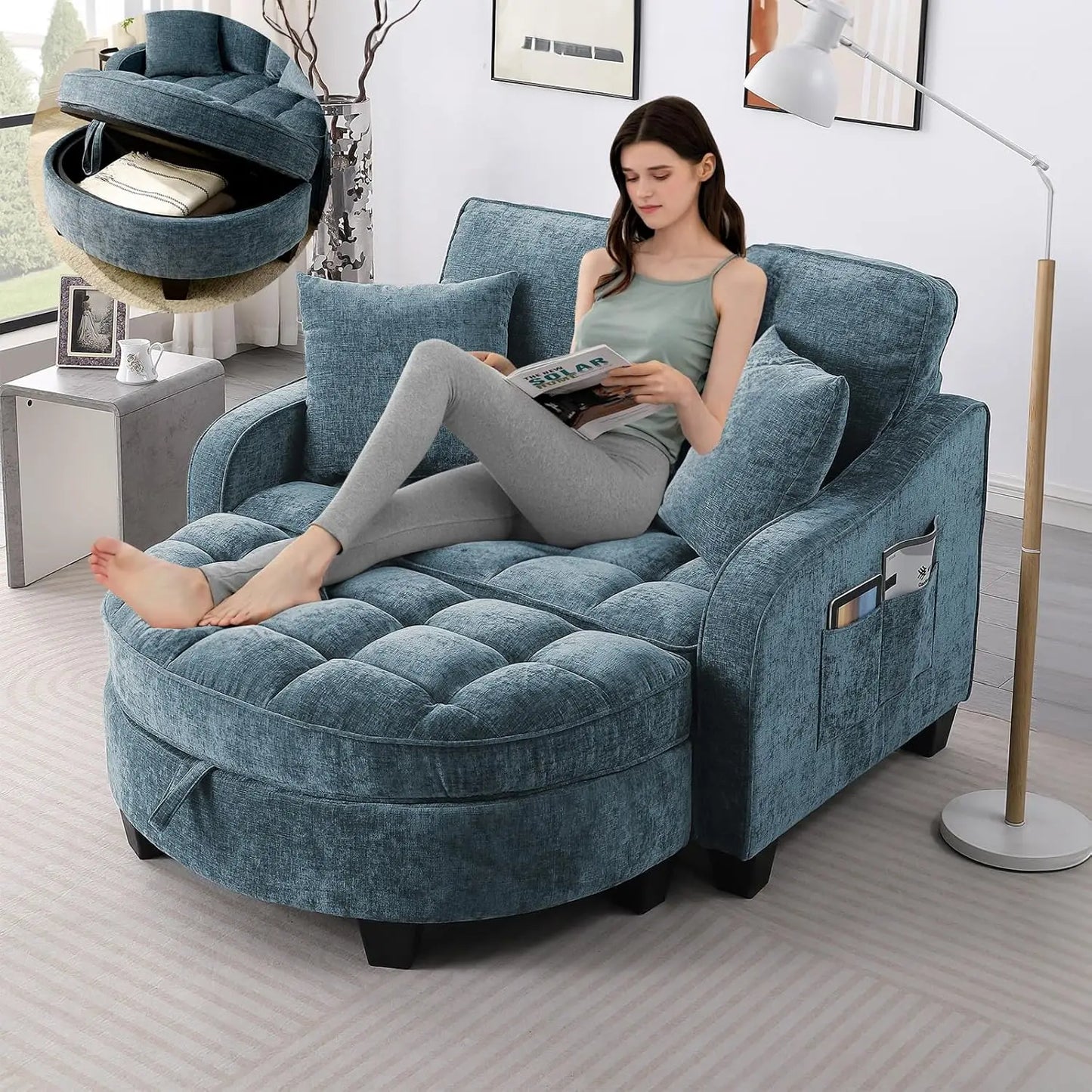 Oversized Curved Chaise Lounge Chair Indoor with Ottoman, 54.8" Cloud Reading Chair Soft Chenille Circle, Customized