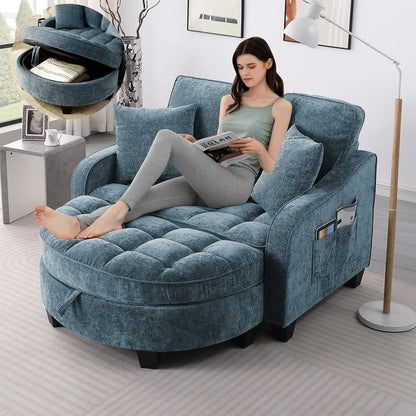 Oversized Curved Chaise Lounge Chair Indoor with Ottoman, 54.8" Cloud Reading Chair Soft Chenille Circle, Customized