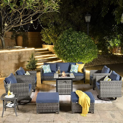 Patio Furniture Set with Fire Pit Table, Outdoor WickerSofa with Comfy Cushion, High Back Rattanfor Garden Backyard
