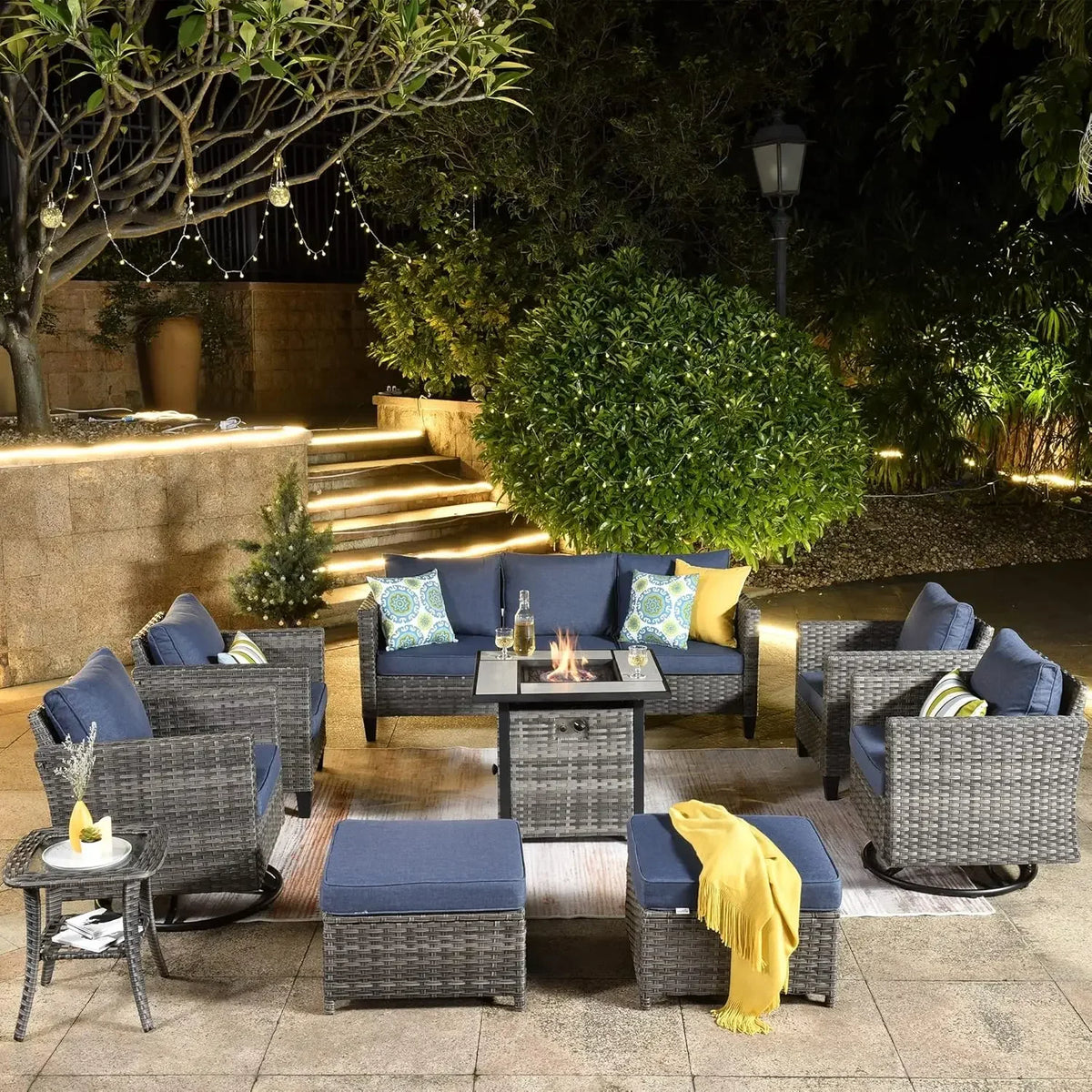 Patio Furniture Set with Fire Pit Table, Outdoor WickerSofa with Comfy Cushion, High Back Rattanfor Garden Backyard
