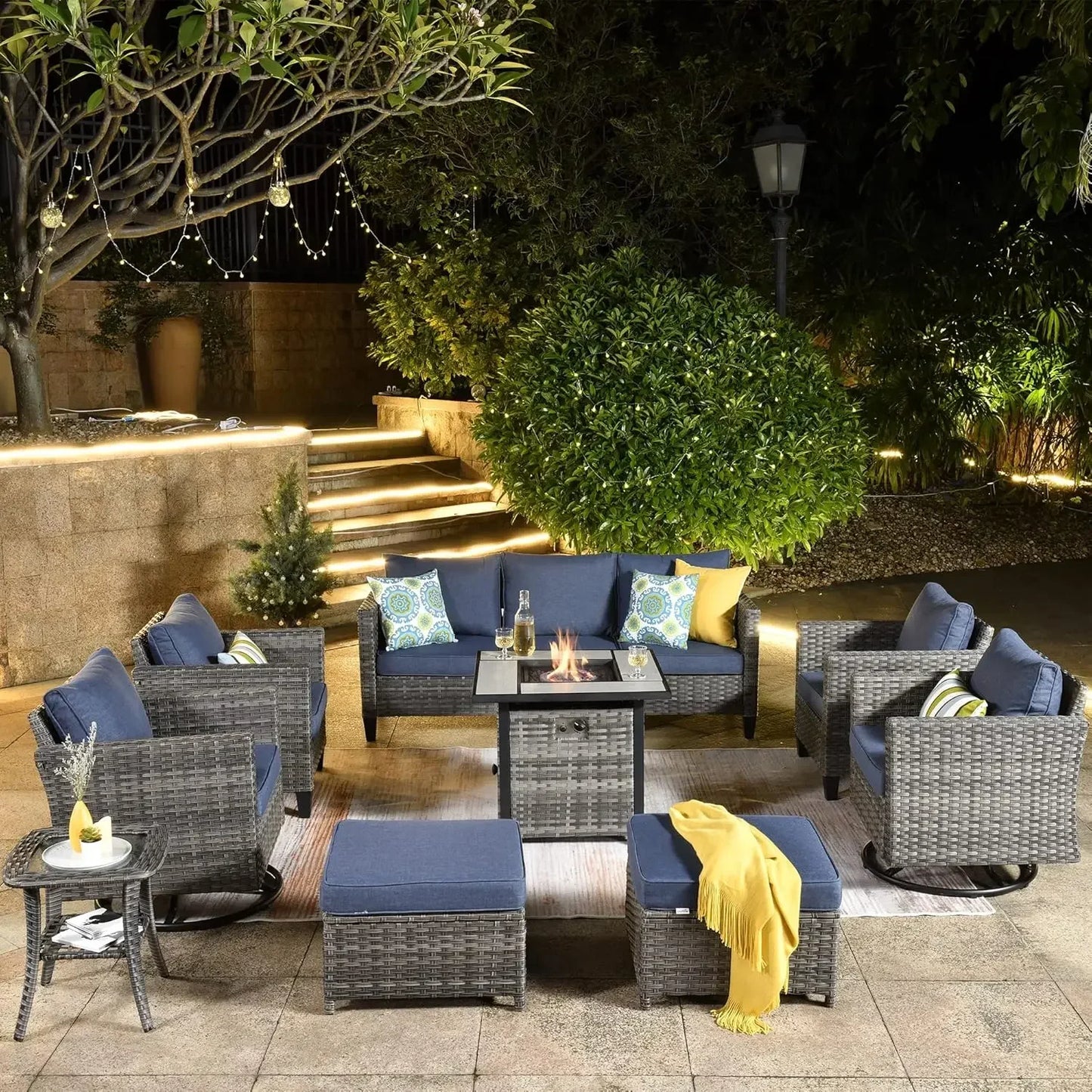 Patio Furniture Set with Fire Pit Table, Outdoor WickerSofa with Comfy Cushion, High Back Rattanfor Garden Backyard