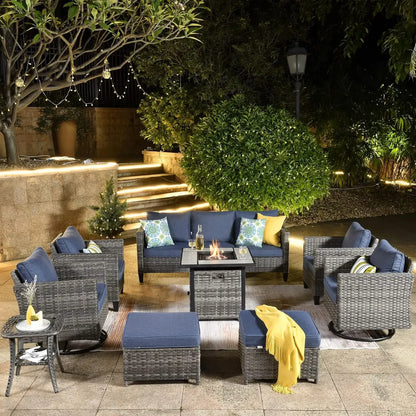 Patio Furniture Set with Fire Pit Table, Outdoor WickerSofa with Comfy Cushion, High Back Rattanfor Garden Backyard