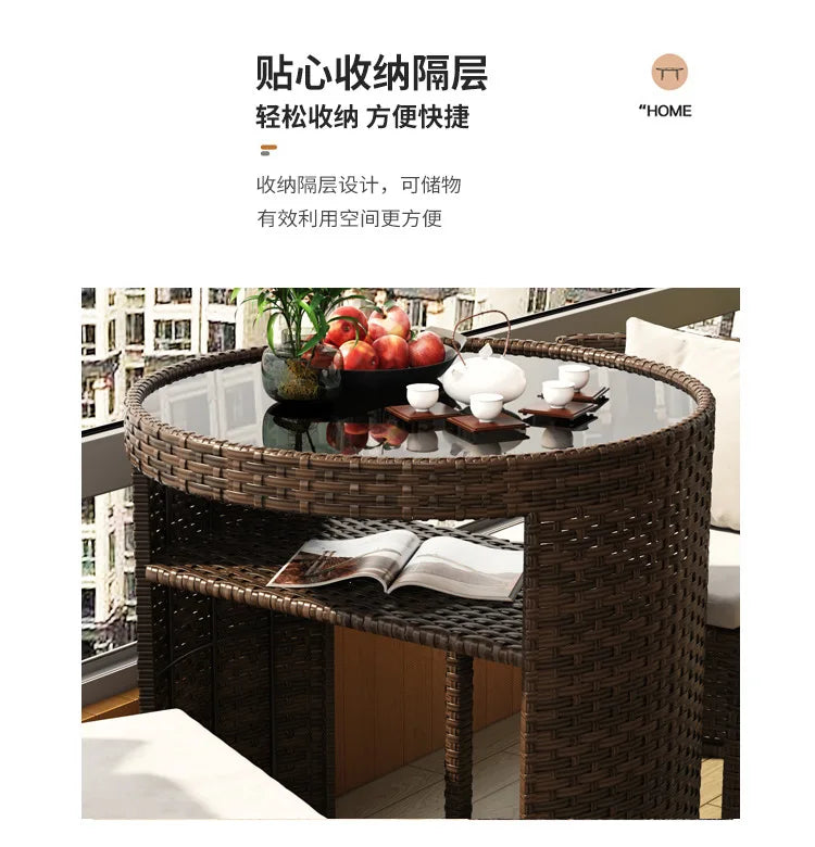 Balcony Small Table and Chair Tea Table and Chair Kit Outdoor Garden Combination Leisure Storage Rattan Knitting Small Table and