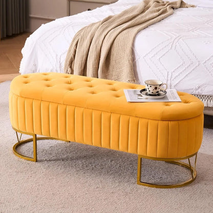 46" Tufted Upholstered Ottoman Bench – Gold Metal Legs & Hidden Storage | Multi-Functional Footrest for Living Room, Bedroom