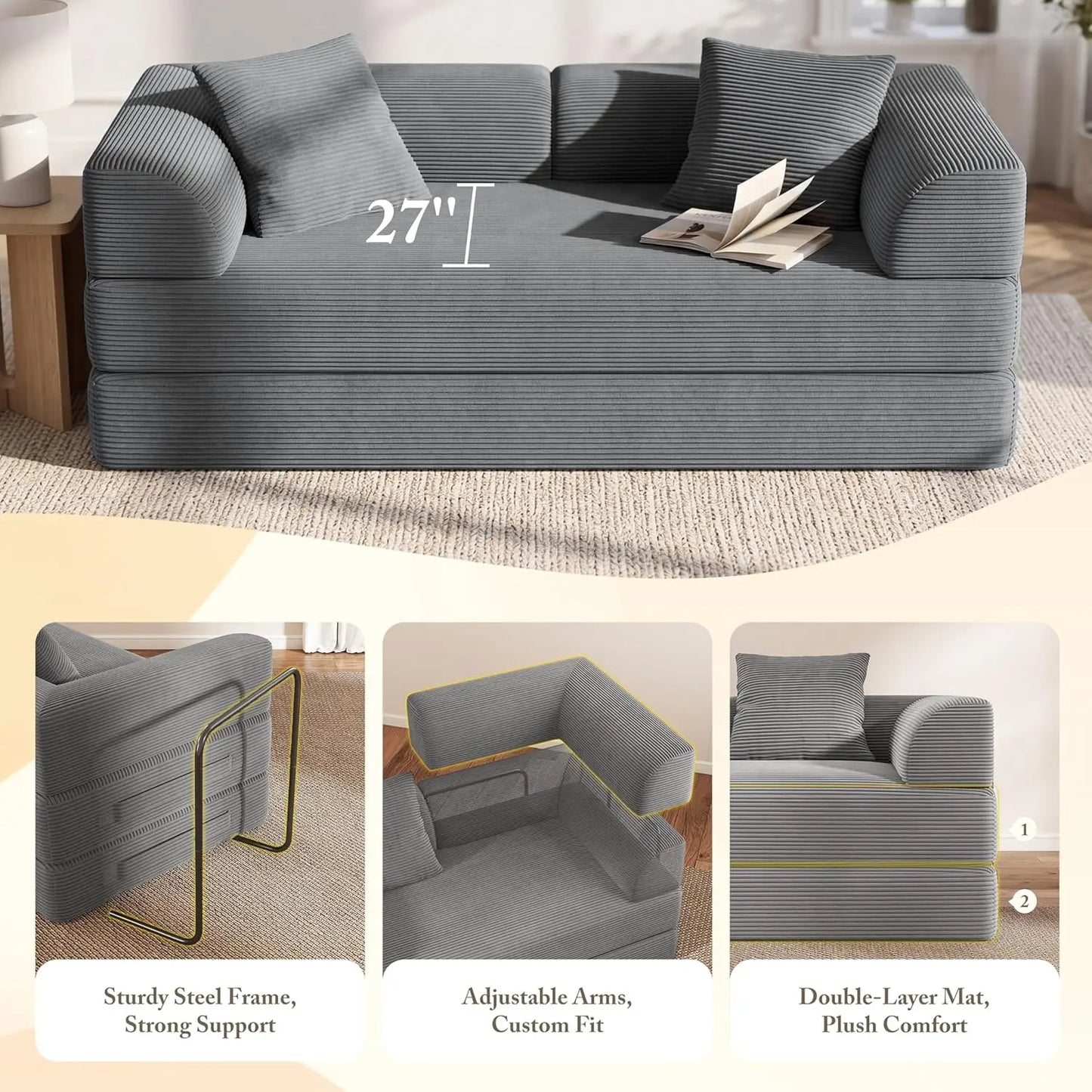 5-in-1 Convertible Sofa Bed Pull-Out Sleeper 70in High-Density Sponge Corduroy Futon Living Room Gray Customized