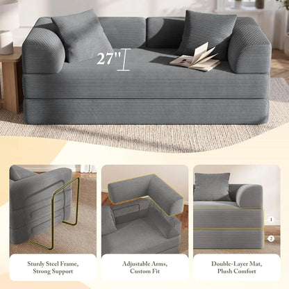 5-in-1 Convertible Sofa Bed Pull-Out Sleeper 70in High-Density Sponge Corduroy Futon Living Room Gray Customized