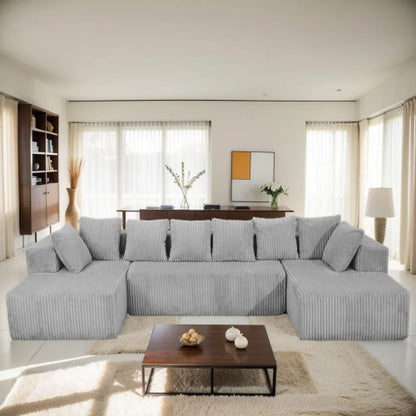Modular U-Shaped Sectional Sofa,Striped Corduroy Fabric in grey – Living Room or Bedroom Couch, Freely Configurable Layout.