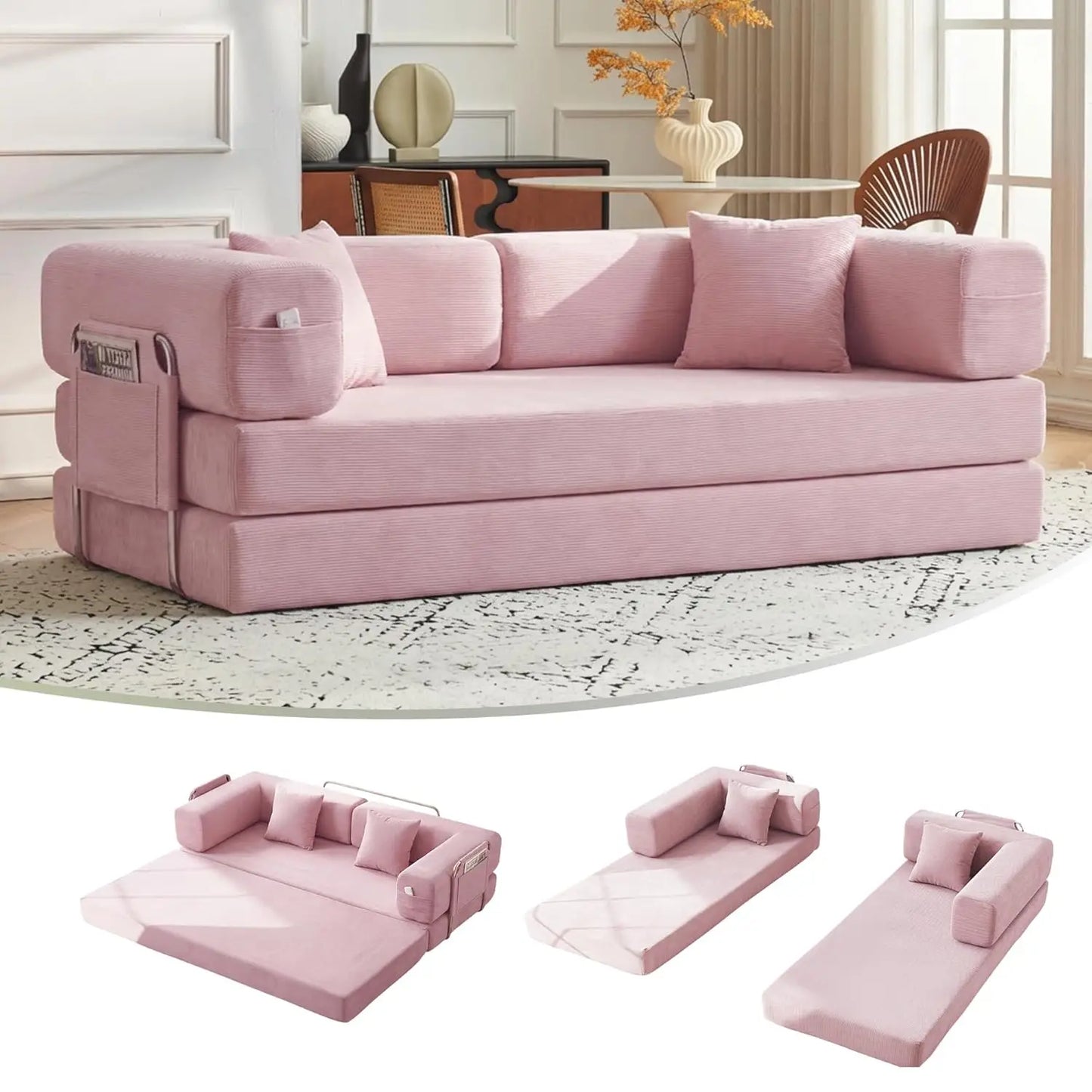 79" Convertible Sofa Bed with Pillows, Corduroy Folding Sleeper Sofa with Fixed-Shape Frame, Boneless Couch for, Customized