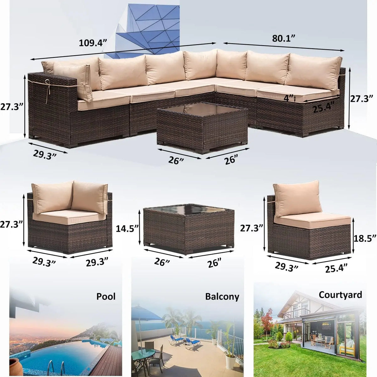 7 Pieces Outdoor Patio Furniture Sets,Wicker Conversation Set Sectional Sofa,Includes 6 All-Weather High Back PE, Customized
