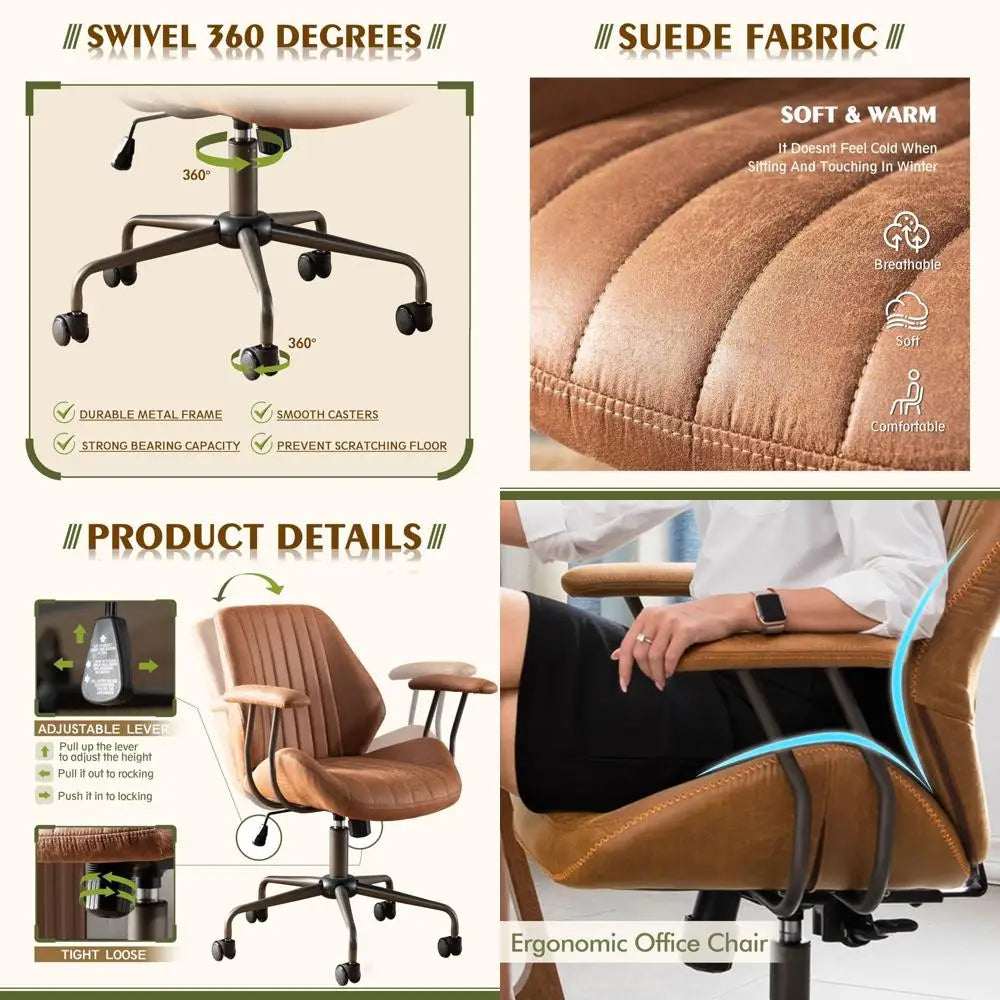 ergonomic high-back swivel chair in modern style with brown suede fabric for comfortable home office use
