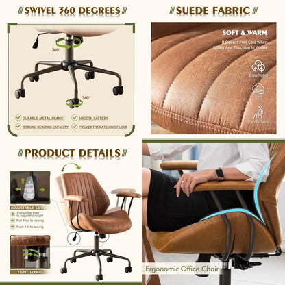 ergonomic high-back swivel chair in modern style with brown suede fabric for comfortable home office use