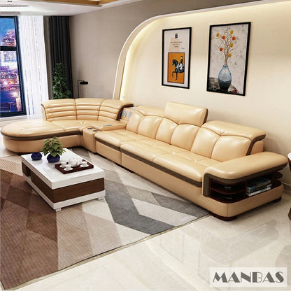 L-Shaped Genuine Leather Sectional Sofa Sets with USB, Bluetooth Speaker