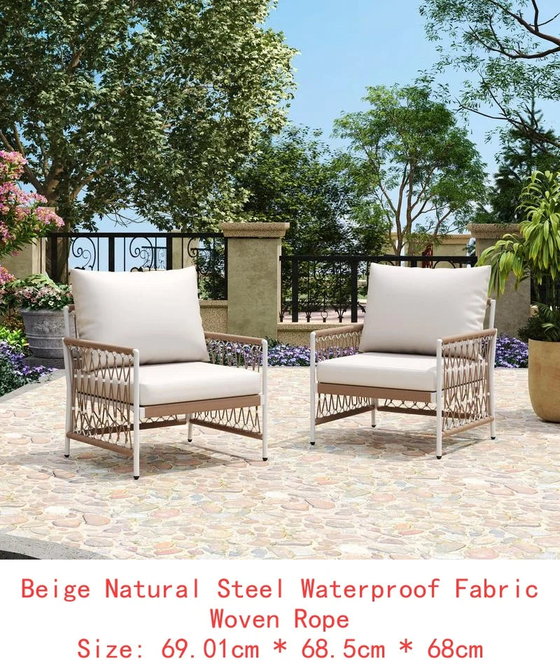 3-Piece Bohemian Outdoor Furniture Set with 2 Swivel Chairs and Glass Top Table - Handwoven Rope and Powder-Coated Steel Frame