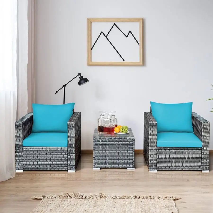 3Piece Patio Furniture Set, Outdoor Wicker Rattan Sofa with Cushions and Coffee Table, Conversation Chair Set for Poolside Back