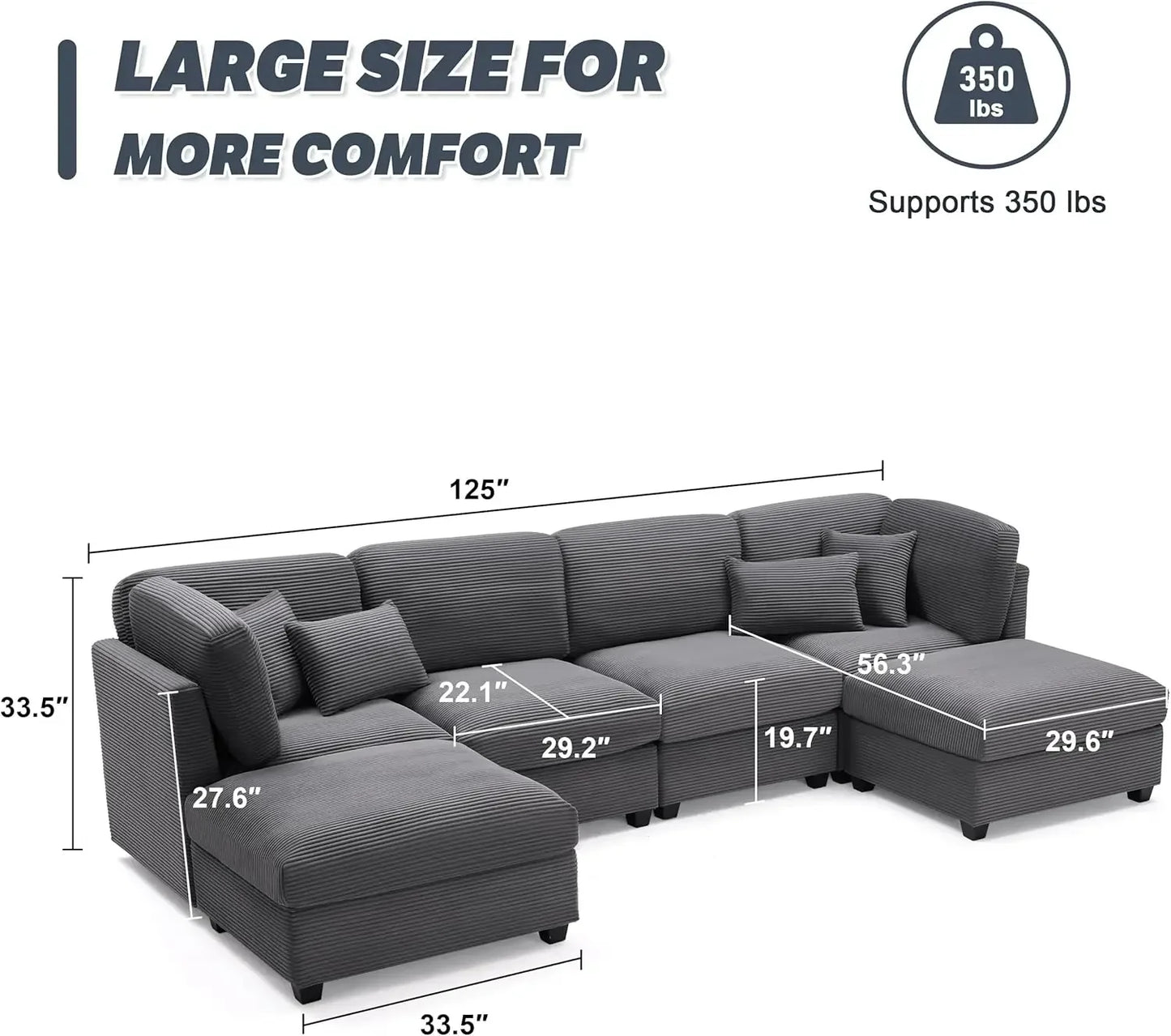 "large 125 inch u-shaped corduroy modular sofa with storage and 6 convertible seats"
