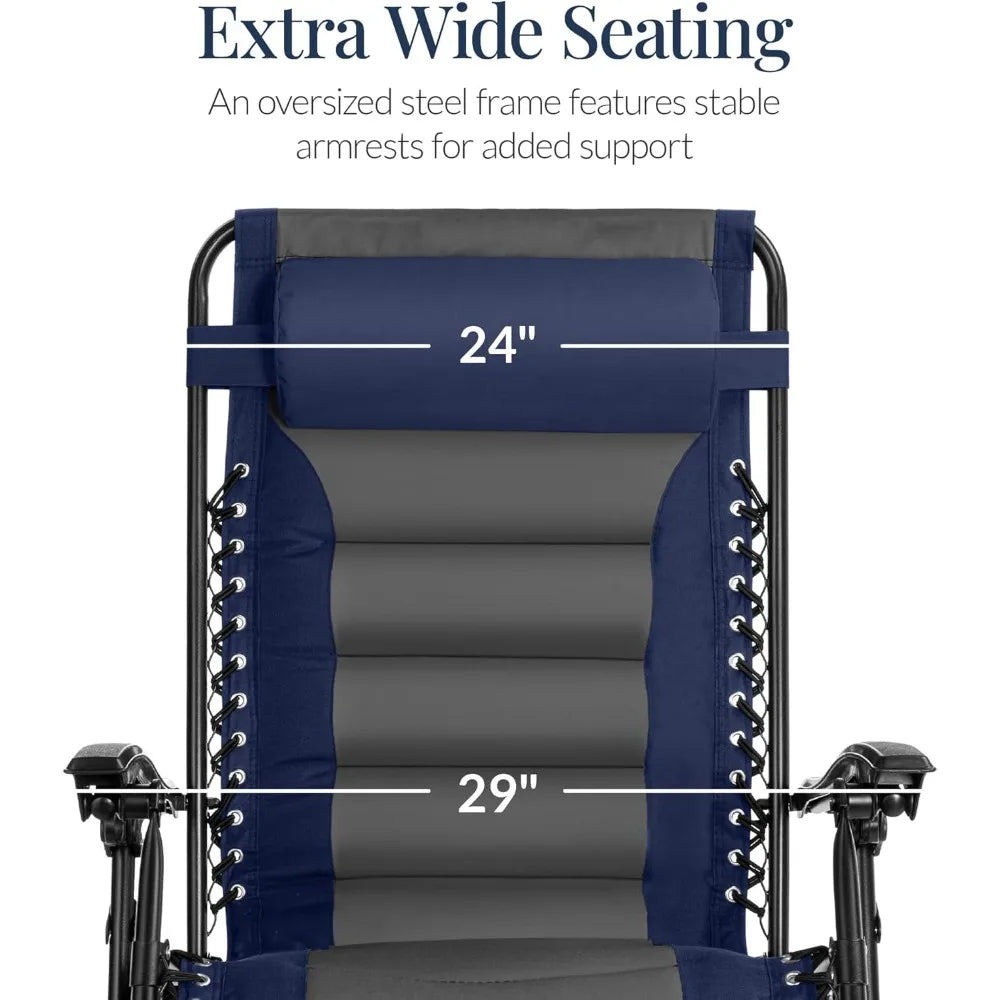 "large cushioned zero gravity patio chair with folding feature and xl size, ideal for outdoor relaxation with headrest and cup h