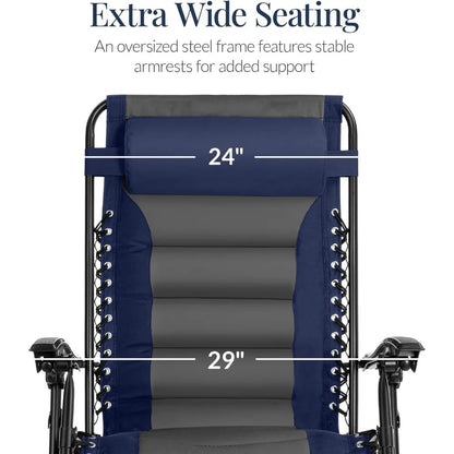 "large cushioned zero gravity patio chair with folding feature and xl size, ideal for outdoor relaxation with headrest and cup h