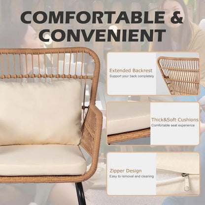 3 Piece Outdoor Wicker Furniture Set, Rattan Chairs and Table for Balcony Poolside Backyard, Yellow/Beige Patio Bistro