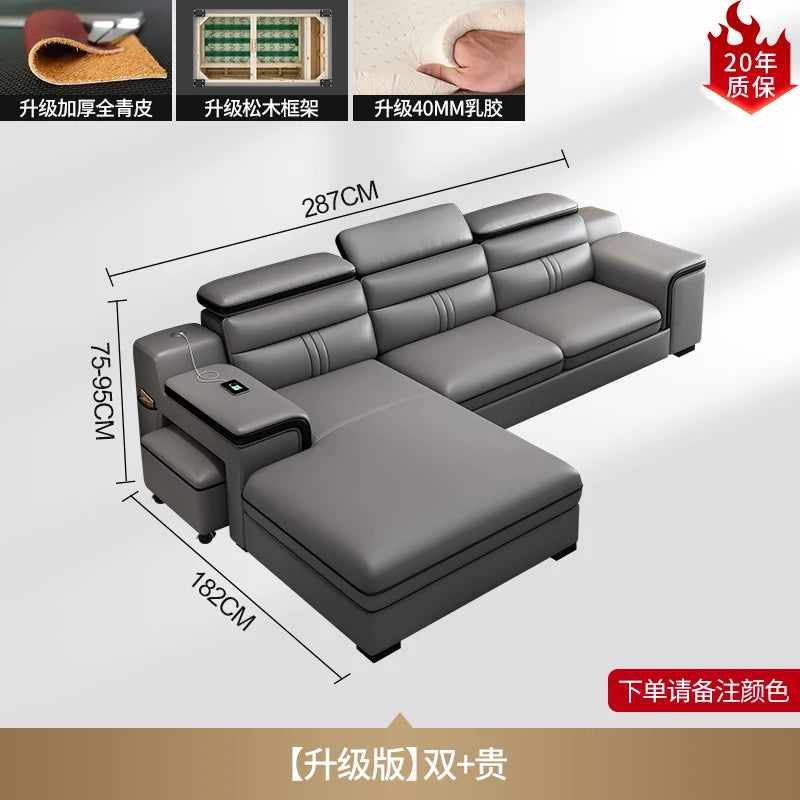 Genuine Leather Sofa Cowhide Modern Wireless Charging Smart Audio Sofa Living Room Corner Combination Divano Home Furniture